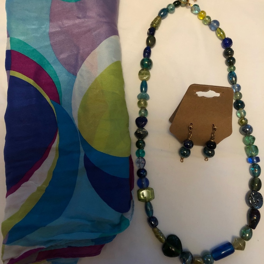 Handmade necklace and earrings with silk scarf